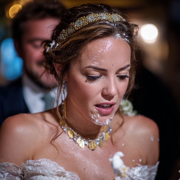 Pastel de crema en la cara de una novia devastada | Fuente: Midjourney