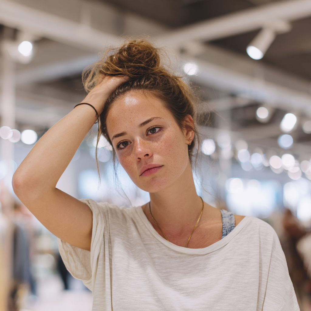 Una mujer alterada con la mano en la cabeza | Fuente: Midjourney