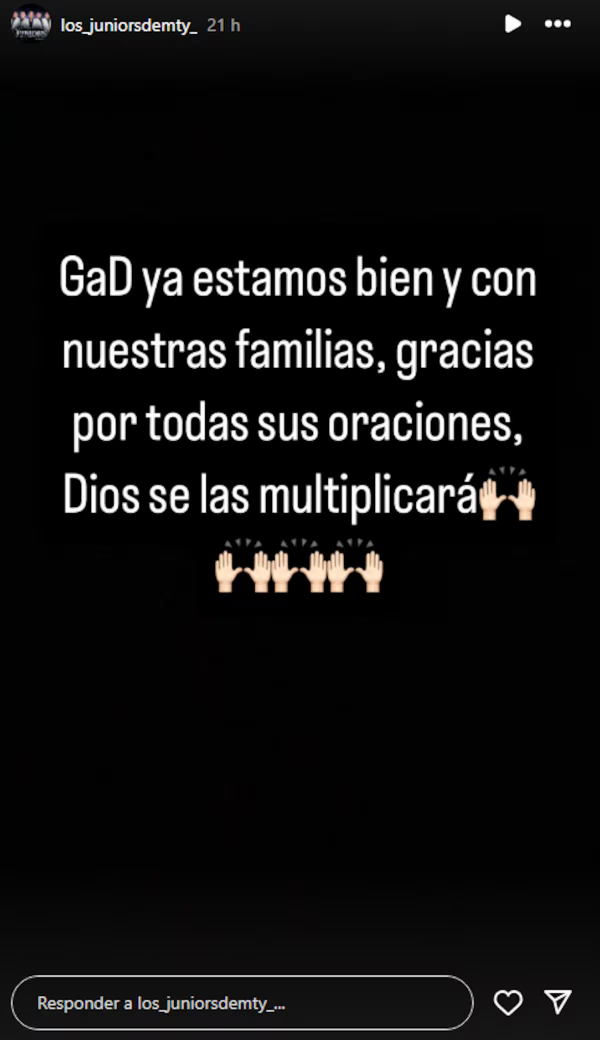 Mensaje de Los Juniors de Monterrey tras su reaparición | Fuente: Instagram Stories/los_juniorsdemty_