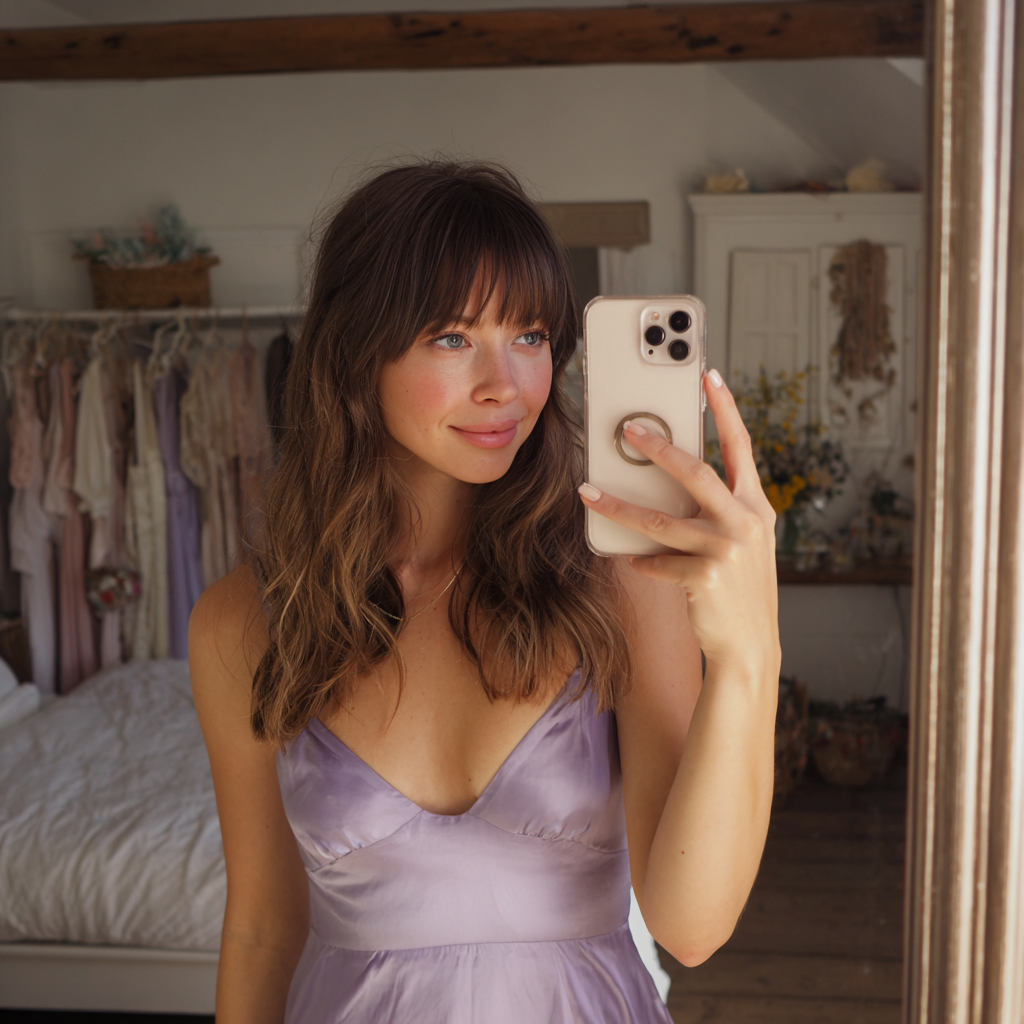 Una mujer probándose un vestido de dama de honor | Fuente: Midjourney