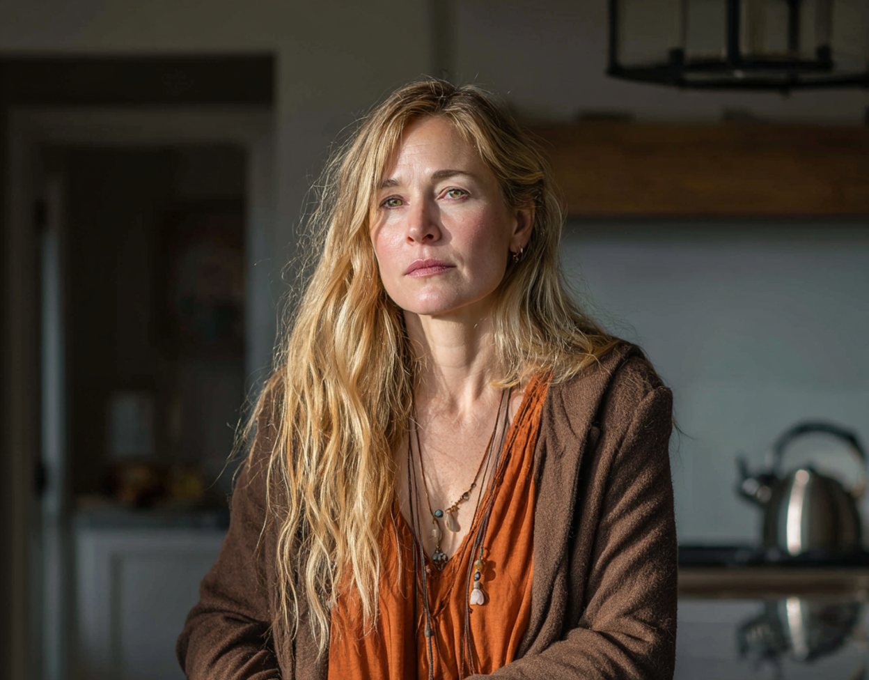 Una mujer emocionada sentada en una cocina | Fuente: Midjourney