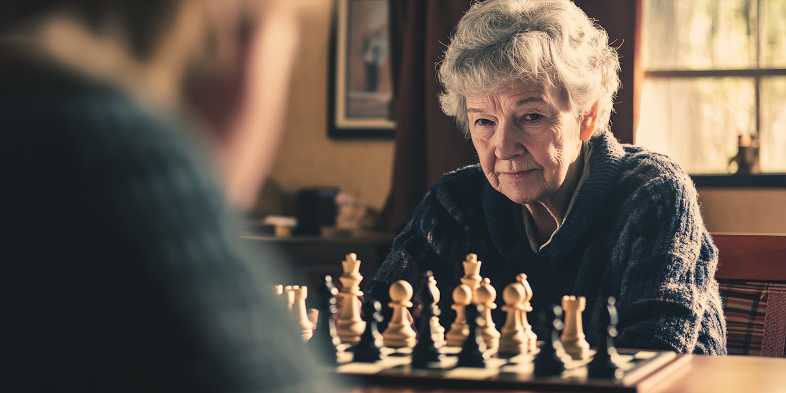 Anciana jugando al ajedrez. | Fuente: Midjourney
