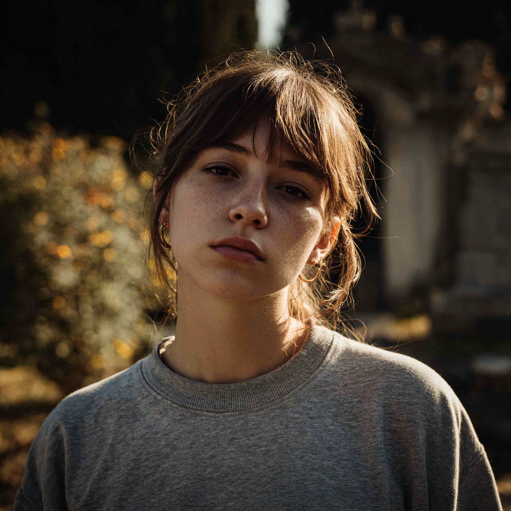 Primer plano de una mujer enfadada con una camiseta gris | Fuente: Midjourney