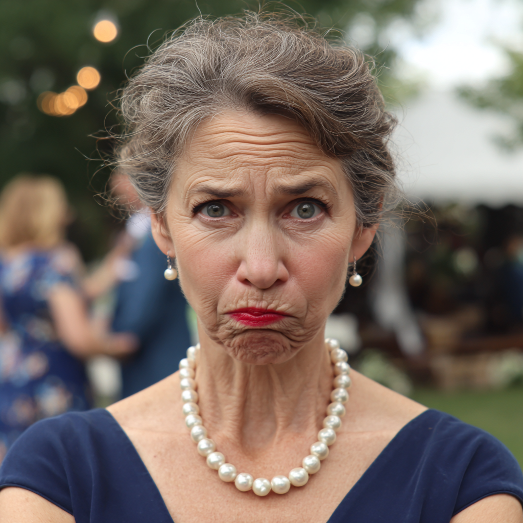 Una anciana con mala cara en una boda | Fuente: Midjourney