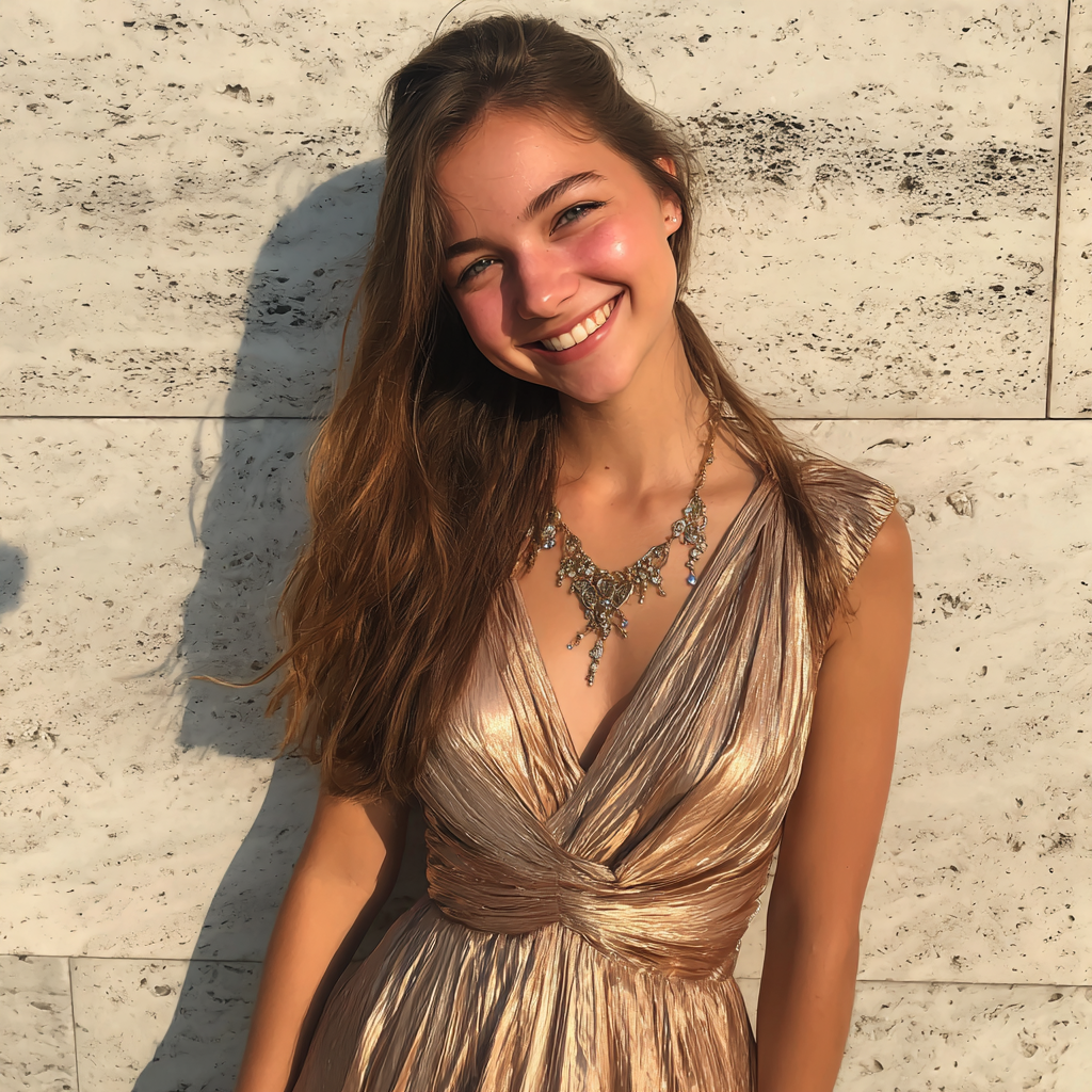 Una chica sonriente con un vestido dorado | Fuente: Midjourney