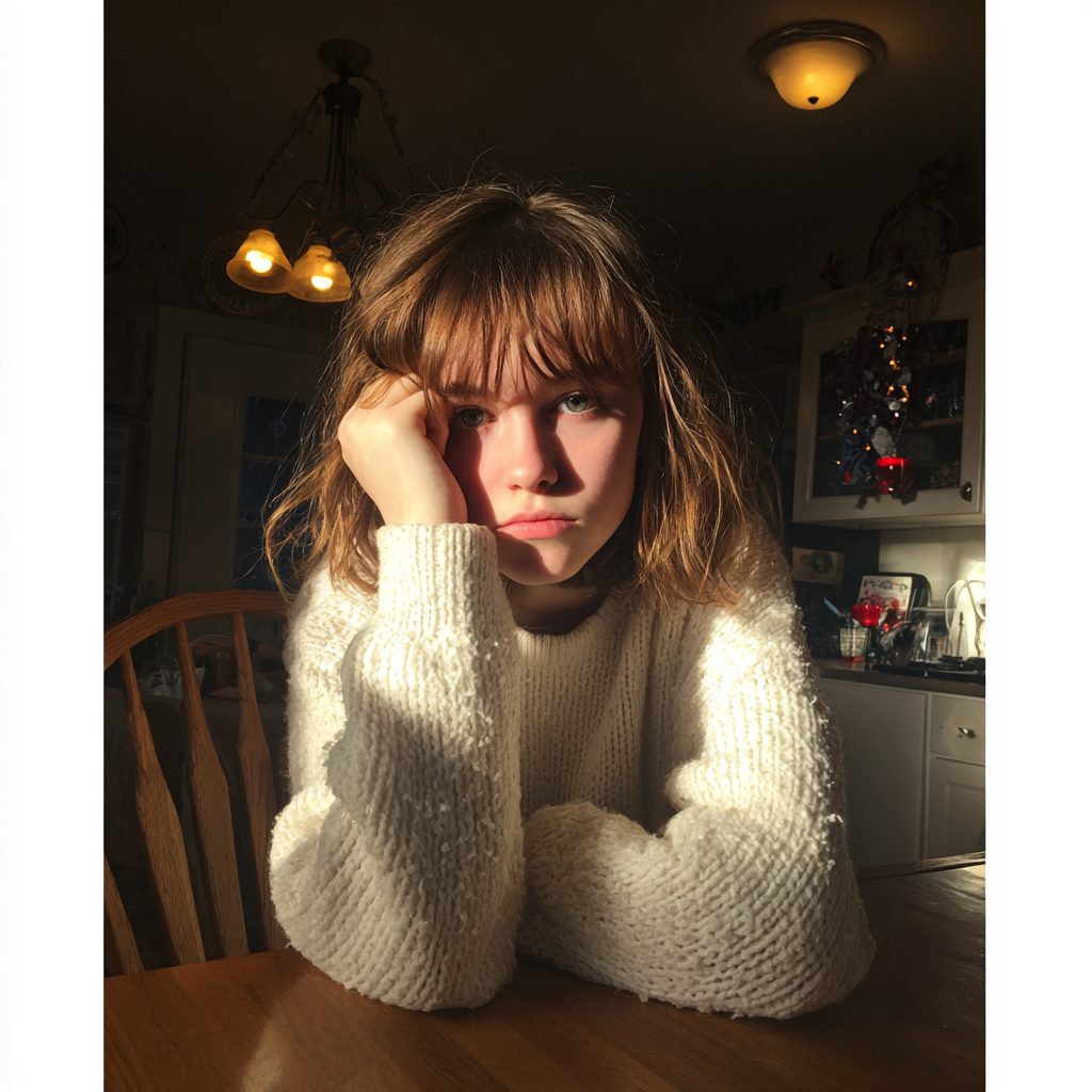 Una adolescente con un suéter blanco | Fuente: Midjourney