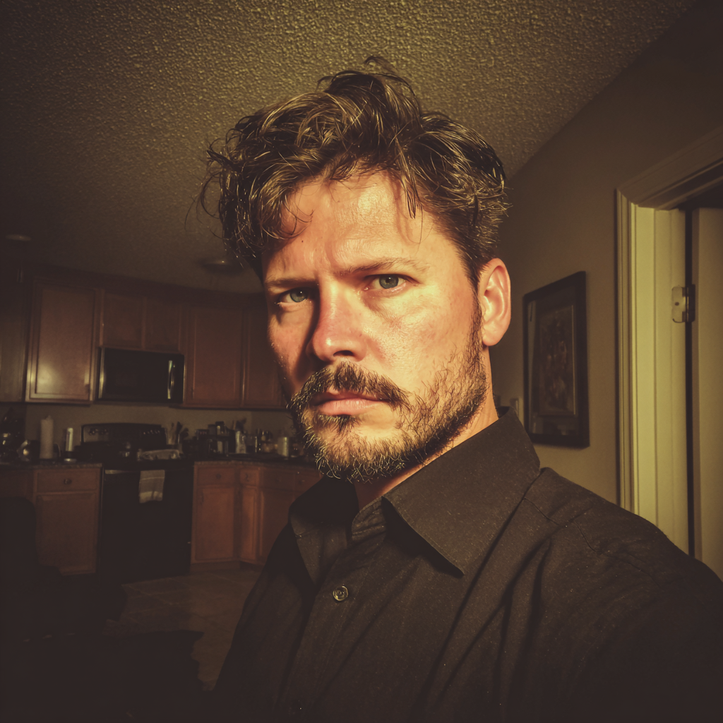 Un hombre ceñudo con una camisa negra de etiqueta | Fuente: Midjourney