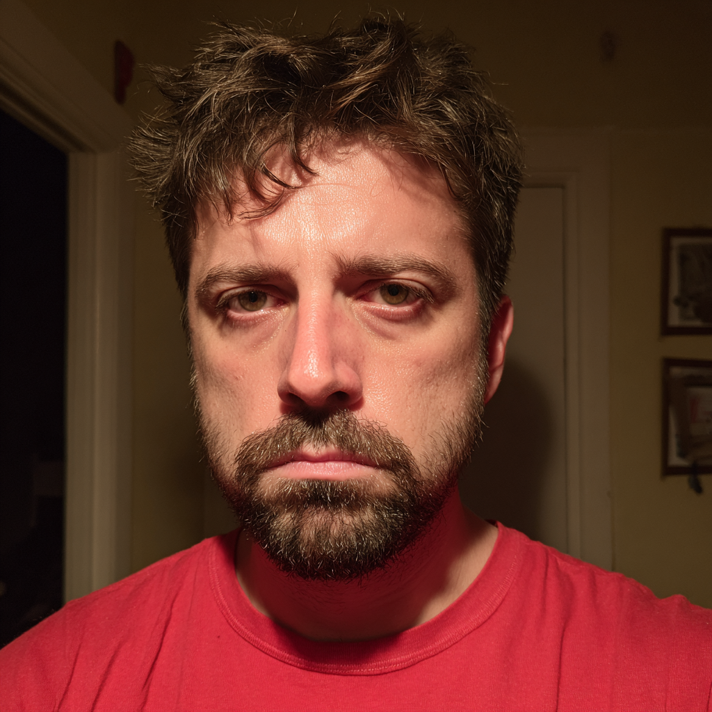 Primer plano de un hombre con una camiseta roja | Fuente: Midjourney