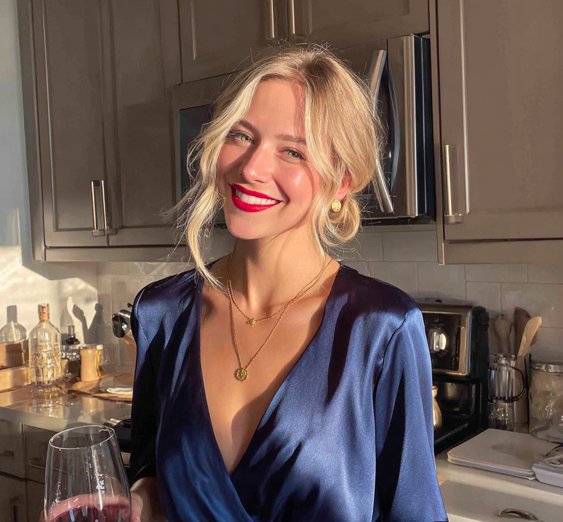 Una mujer sonriente de pie en una cocina con un vaso de vino | Fuente: Midjourney