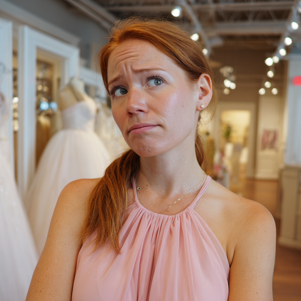 Una mujer pensativa con un vestido rosa | Fuente: Midjourney