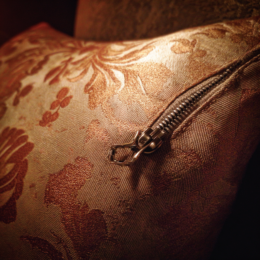 Una cremallera plateada en un cojín de sofá | Fuente: Midjourney