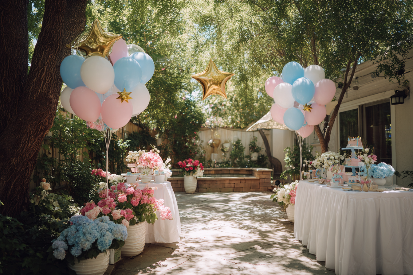 Montaje de una fiesta de revelación del sexo en un patio trasero | Fuente: Midjourney