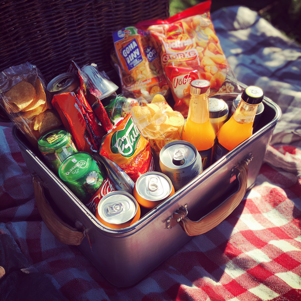 Una nevera llena sobre una manta de picnic | Fuente: Midjourney