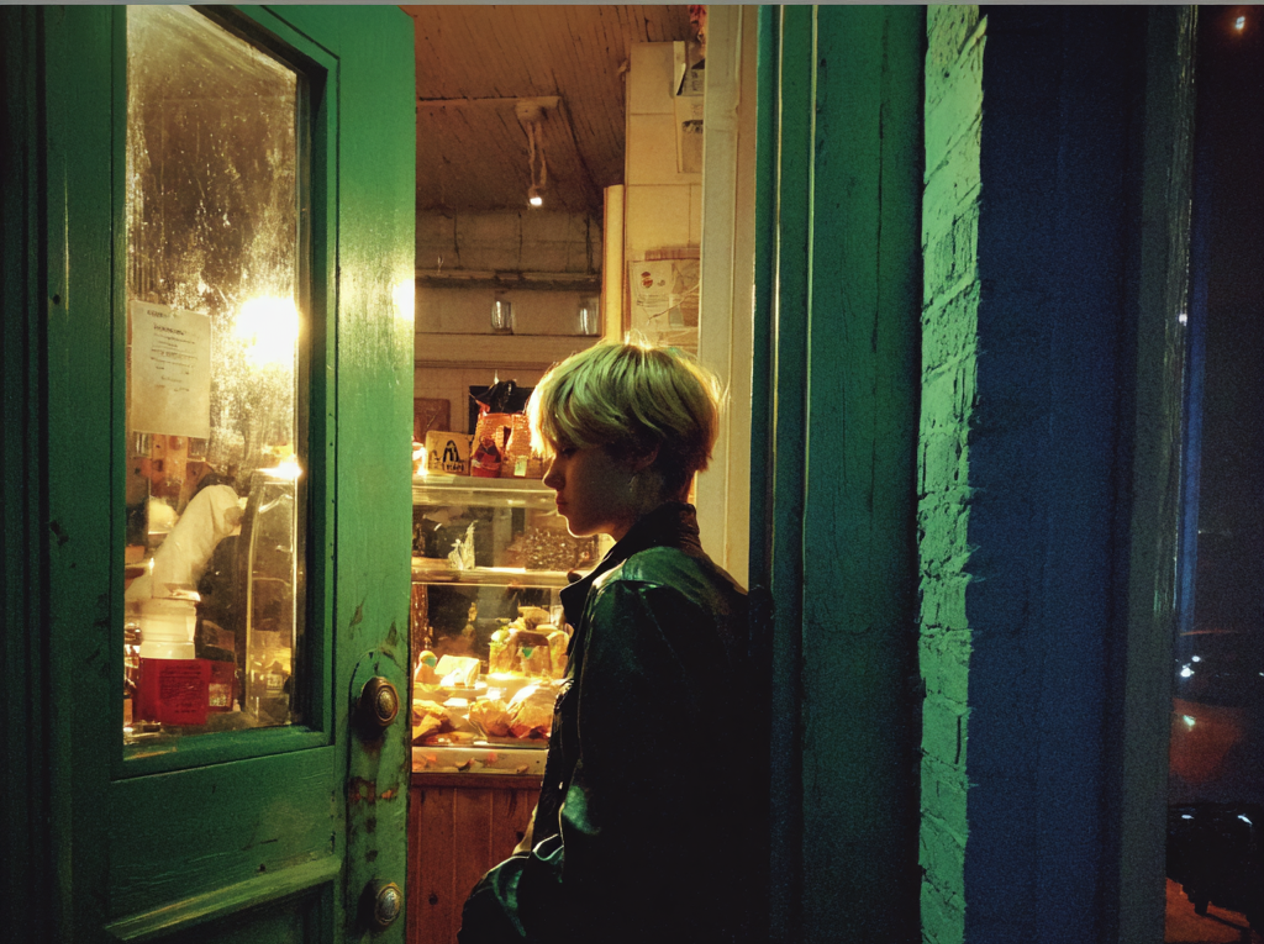 Un niño en la puerta de una panadería | Fuente: Midjourney