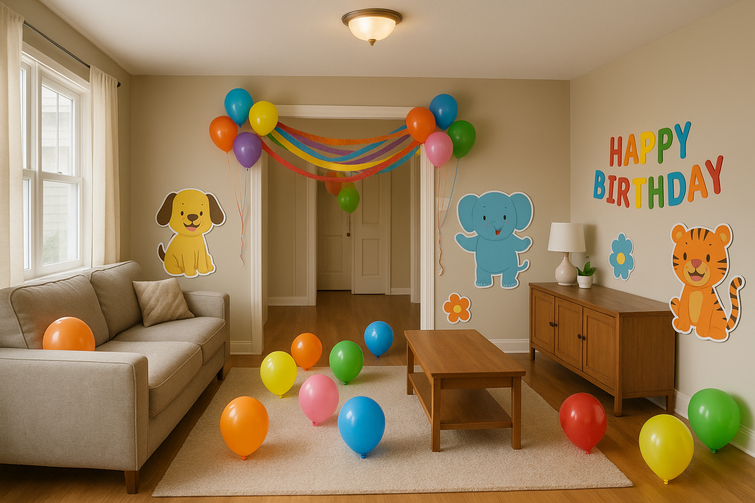 Un salón decorado para el cumpleaños de un niño | Fuente: DALL-E