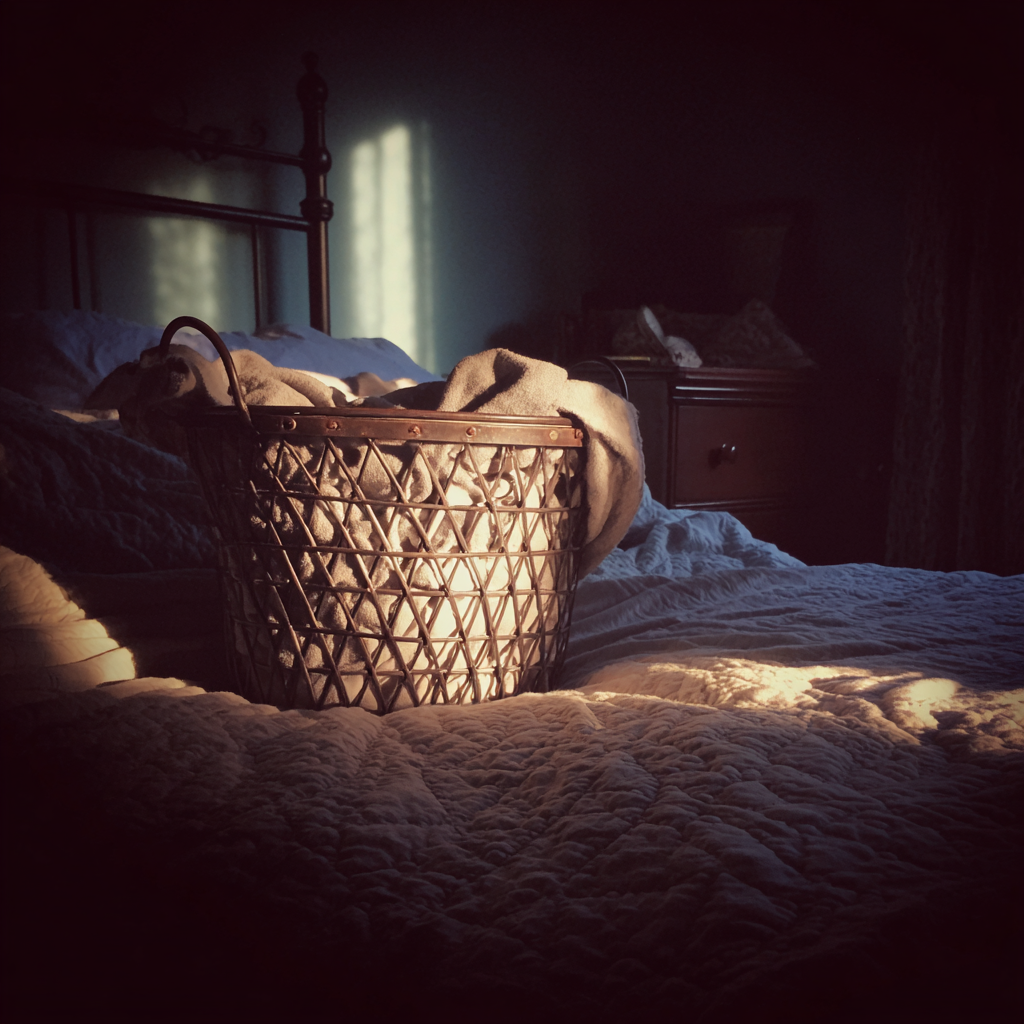 Un cesto de ropa sucia sobre una cama | Fuente: Midjourney
