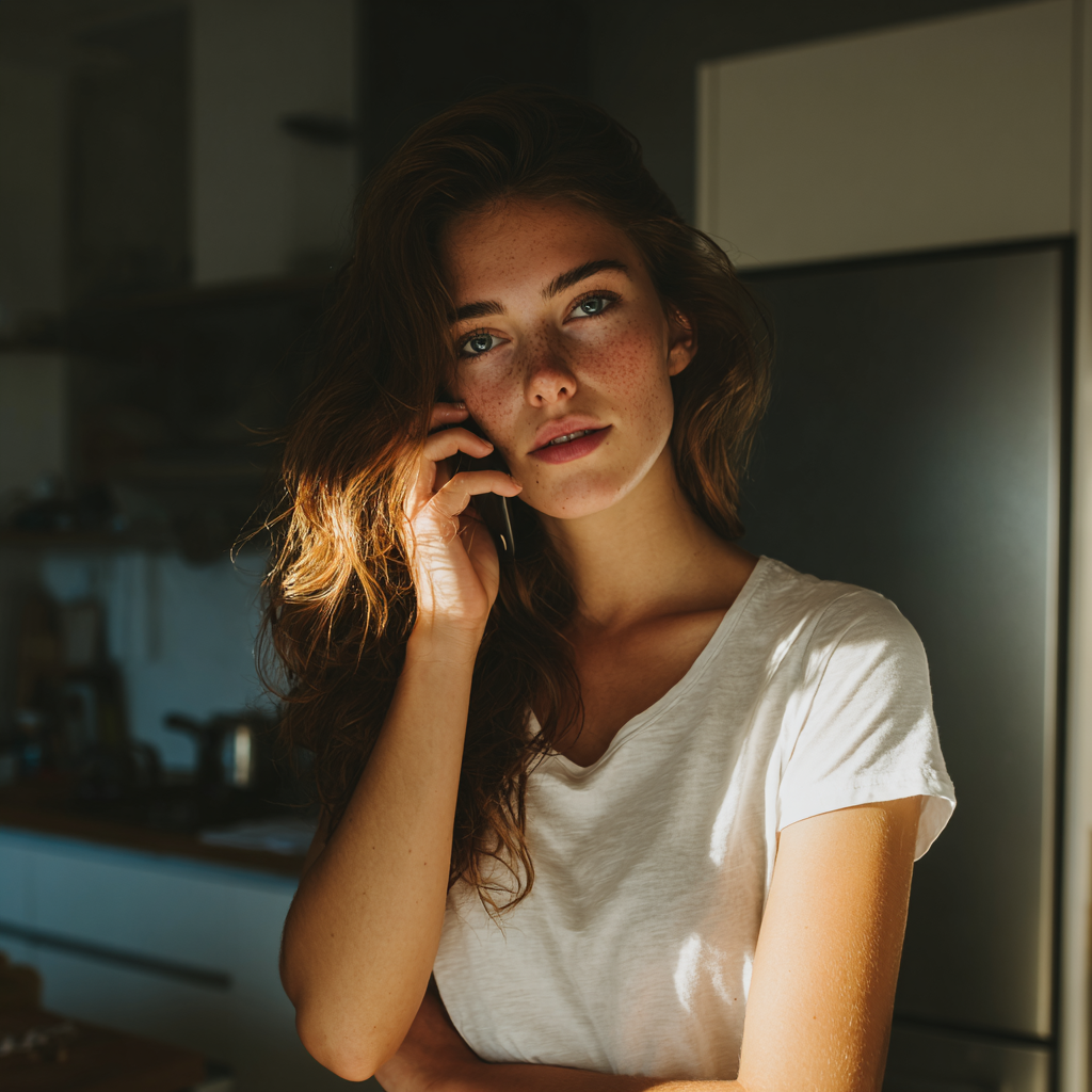Una mujer de pie en una cocina y hablando por teléfono | Fuente: Midjourney