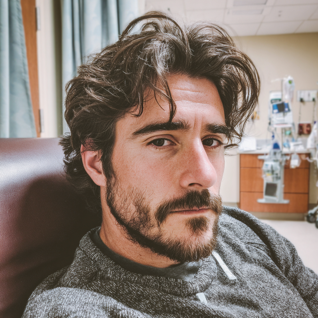 Un hombre preocupado sentado en la sala de un hospital | Fuente: Midjourney