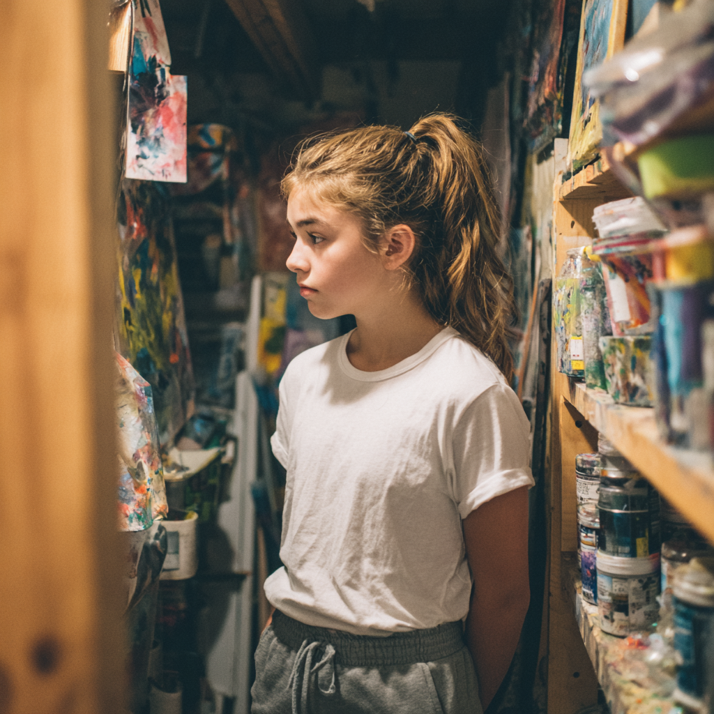 Una niña enfadada en un armario de material de arte | Fuente: Midjourney
