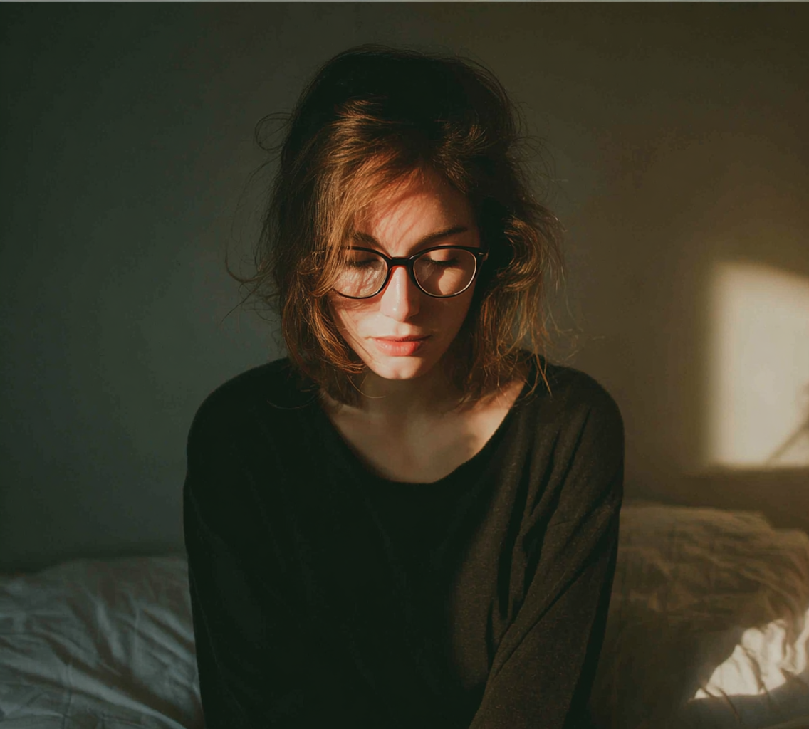 Una mujer emocionada sentada en una cama | Fuente: Midjourney