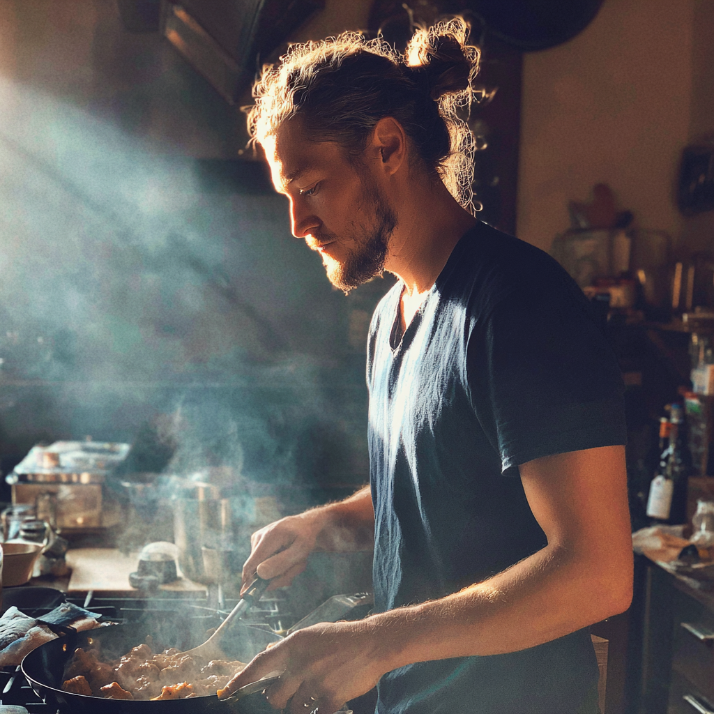 Un hombre ocupado en la cocina | Fuente: Midjourney