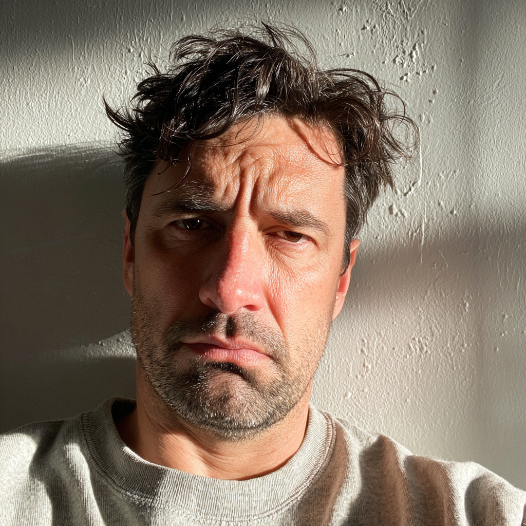 Un hombre con el ceño fruncido apoyado en una pared | Fuente: Midjourney