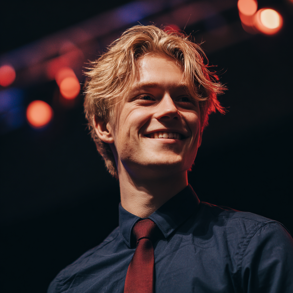 Un joven sonriente de pie en un escenario | Fuente: Midjourney