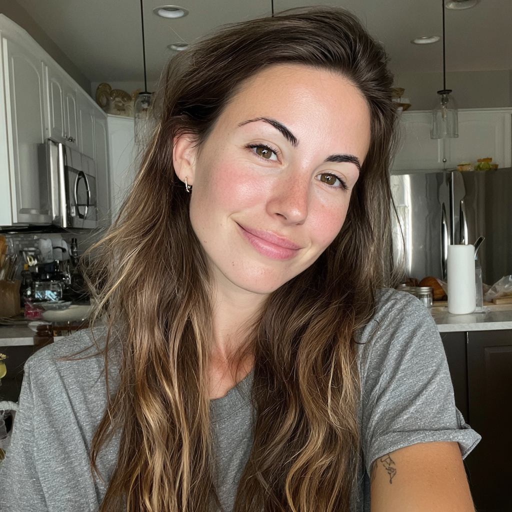 Una mujer sonriente sentada en la encimera de una cocina | Fuente: Midjourney