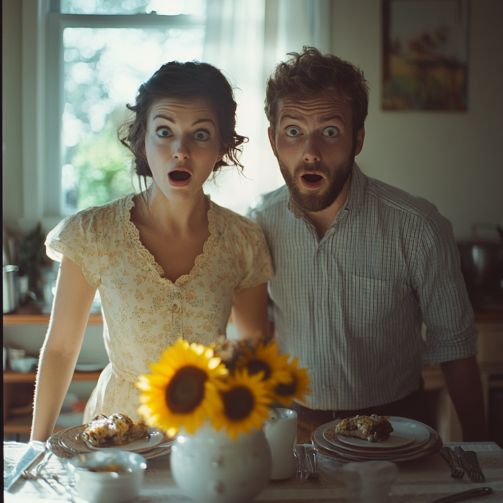 Una pareja reacciona en estado de shock | Fuente: Midjourney