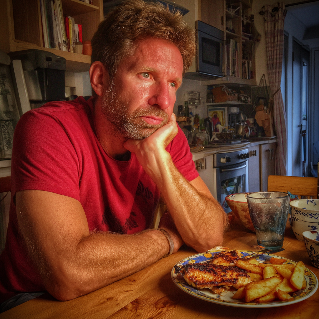 Un hombre malhumorado sentado en una mesa | Fuente: Midjourney