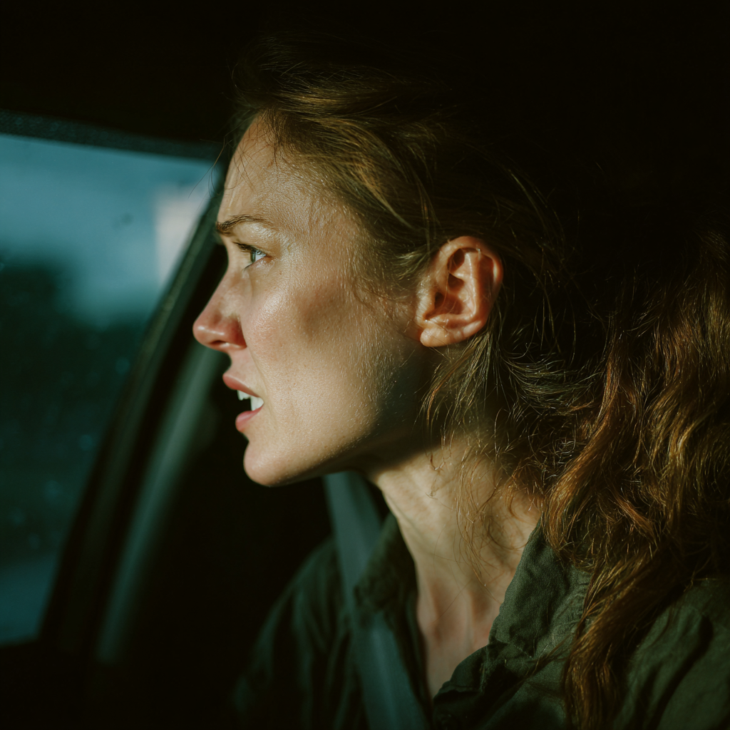 Una mujer alterada mirando por la ventanilla de un automóvil | Fuente: Midjourney