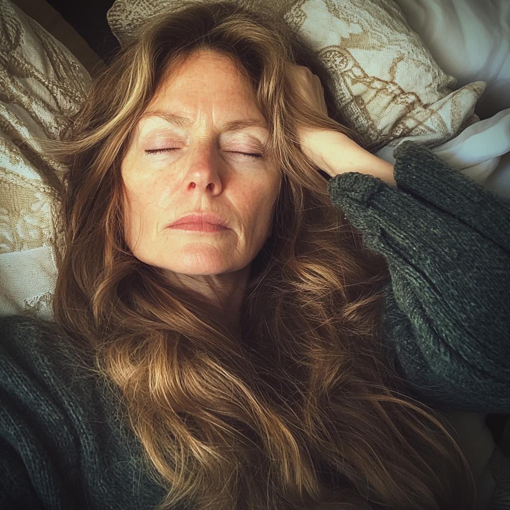 Una mujer mayor tumbada en la cama | Fuente: Midjourney