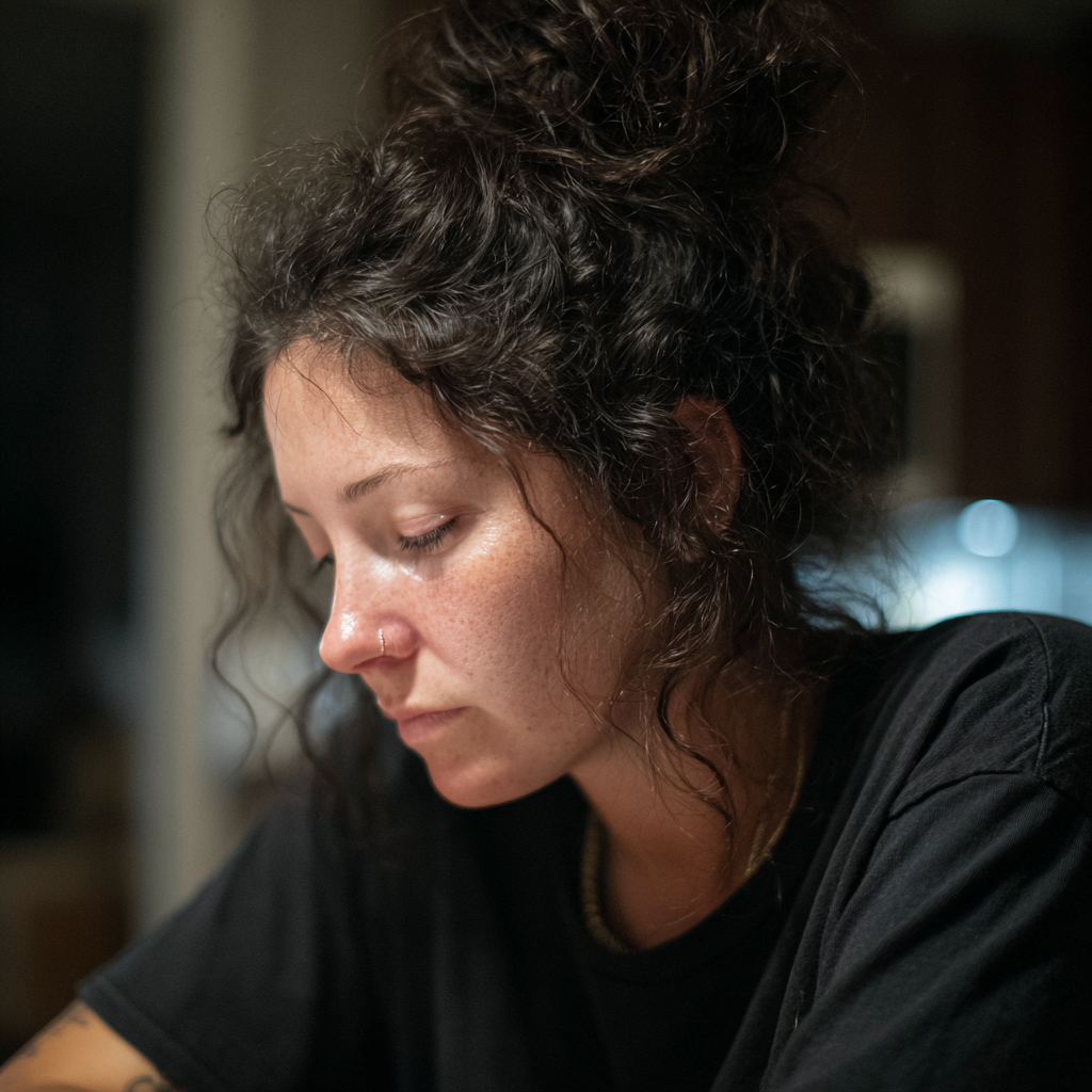 Una mujer emocionada con una camiseta negra | Fuente: Midjourney