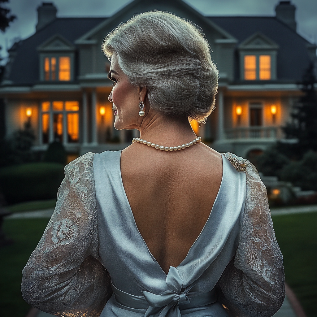 Una mujer mayor frente a su mansión | Fuente: Midjourney