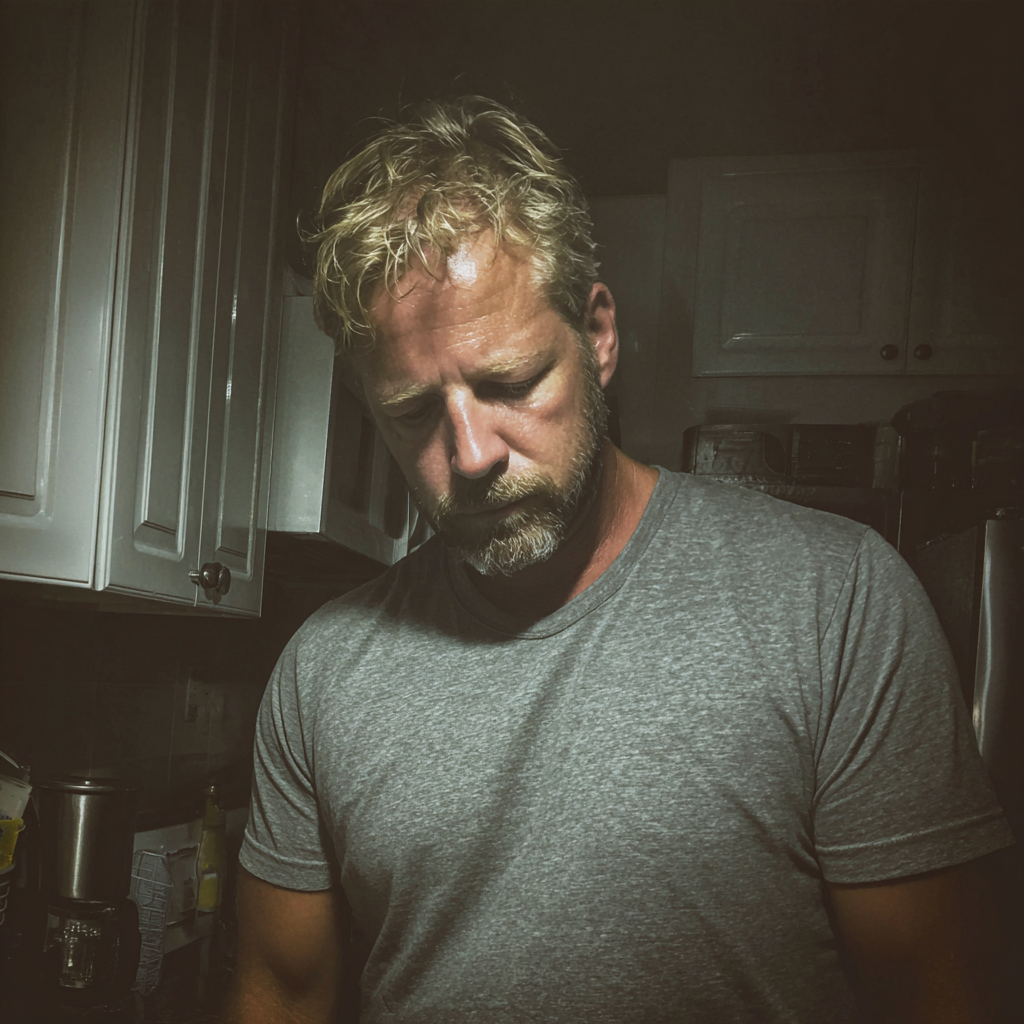 Un hombre emocional de pie en una cocina | Fuente: Midjourney