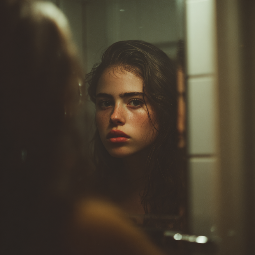 Una mujer mirándose en el espejo | Fuente: Midjourney