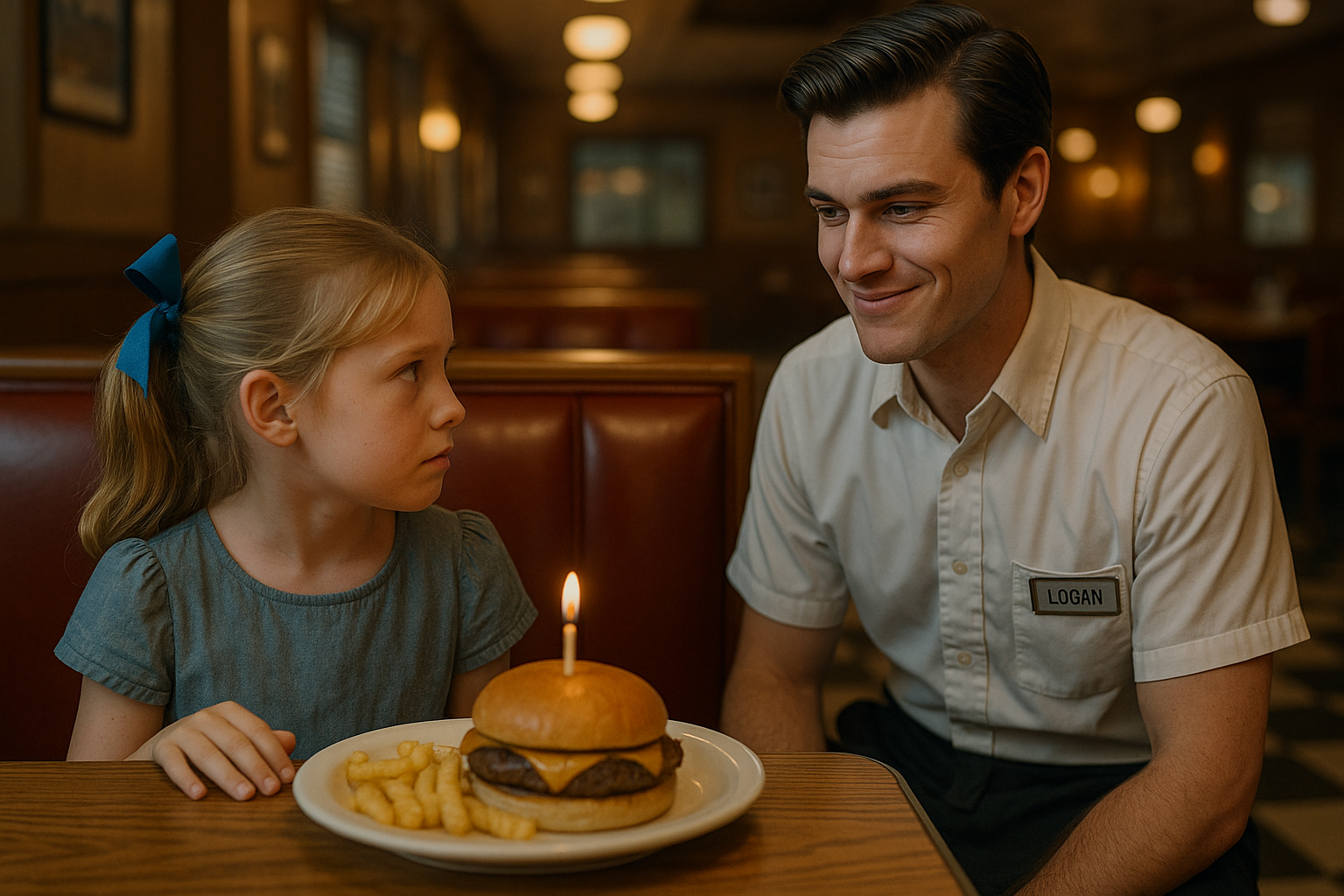Un camarero mirando a una niña en la mesa de un restaurante | Fuente: Sora