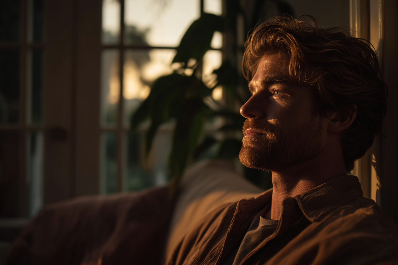 Un hombre sentado en su casa | Fuente: Midjourney