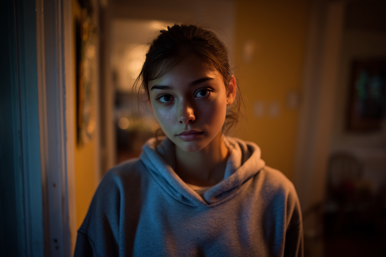 Una adolescente de pie en su casa | Fuente: Midjourney