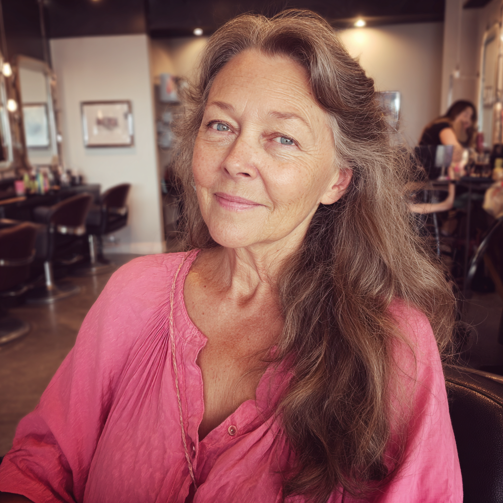 Una mujer mayor sonriente con una blusa rosa | Fuente: Midjourney