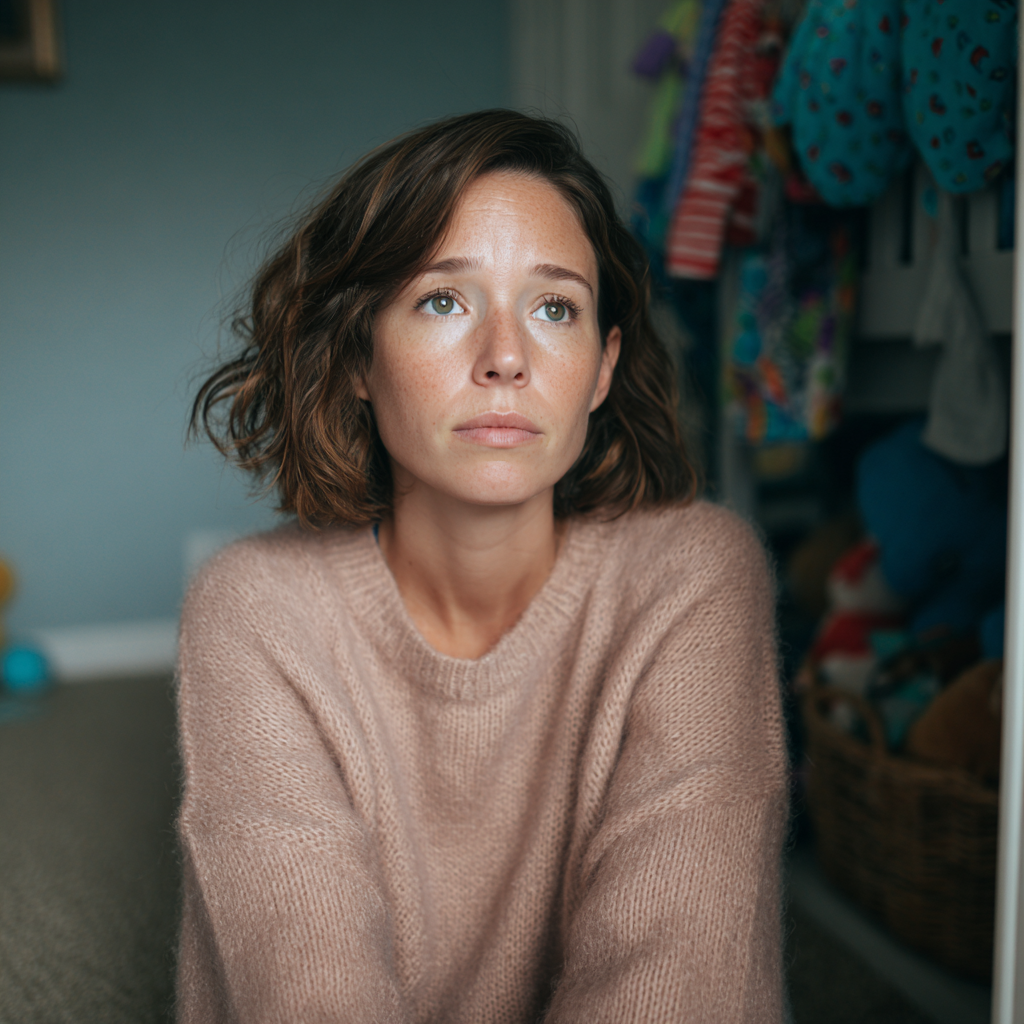 Una mujer emocionada sentada en el suelo de la habitación de un niño | Fuente: Midjourney