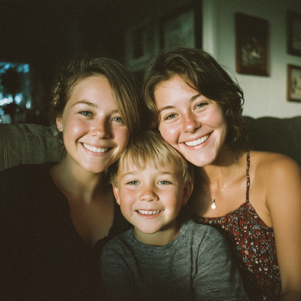 Dos hermanas felices con un niño | Fuente: Midjourney