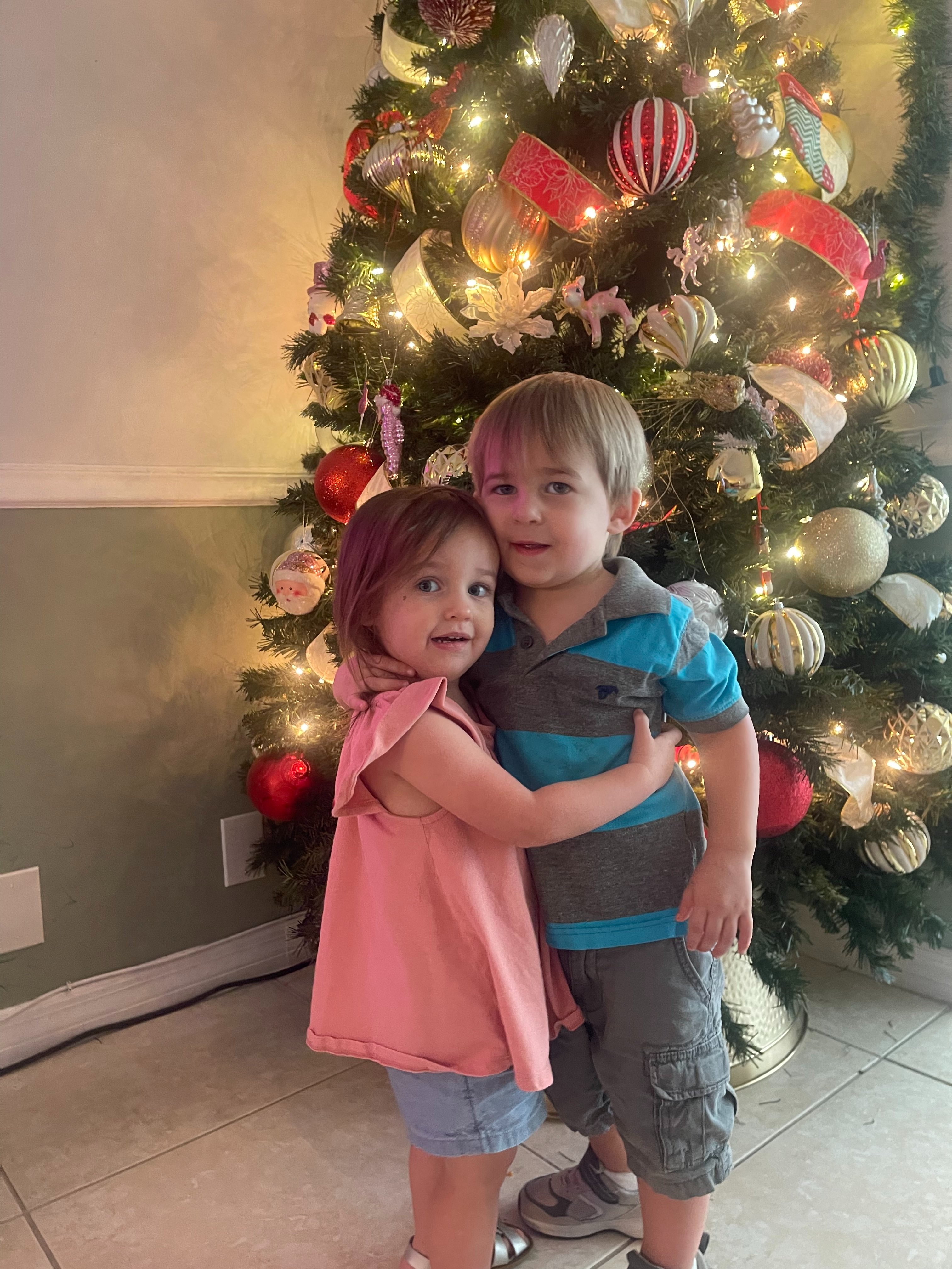 Brock y Briella Holmes abrazados delante de su árbol de Navidad. | Fuente: GoFundMe
