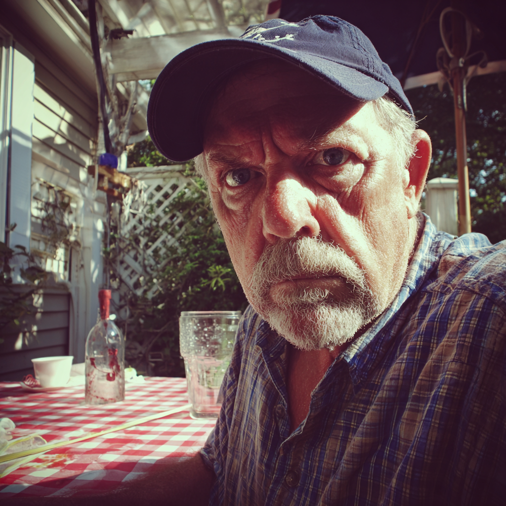 Un hombre enfadado sentado en una mesa de picnic | Fuente: Midjourney