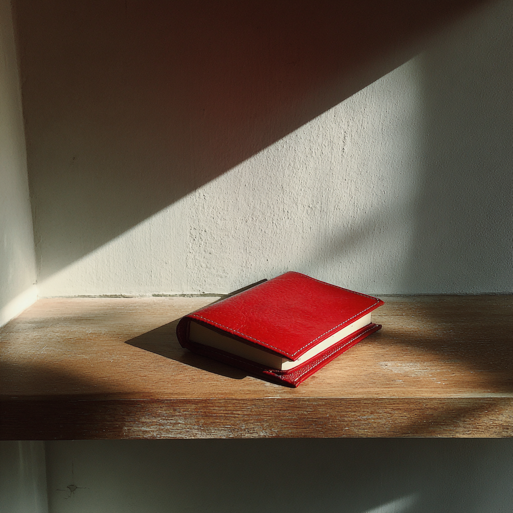 Un cuaderno rojo en una estantería | Fuente: Midjourney