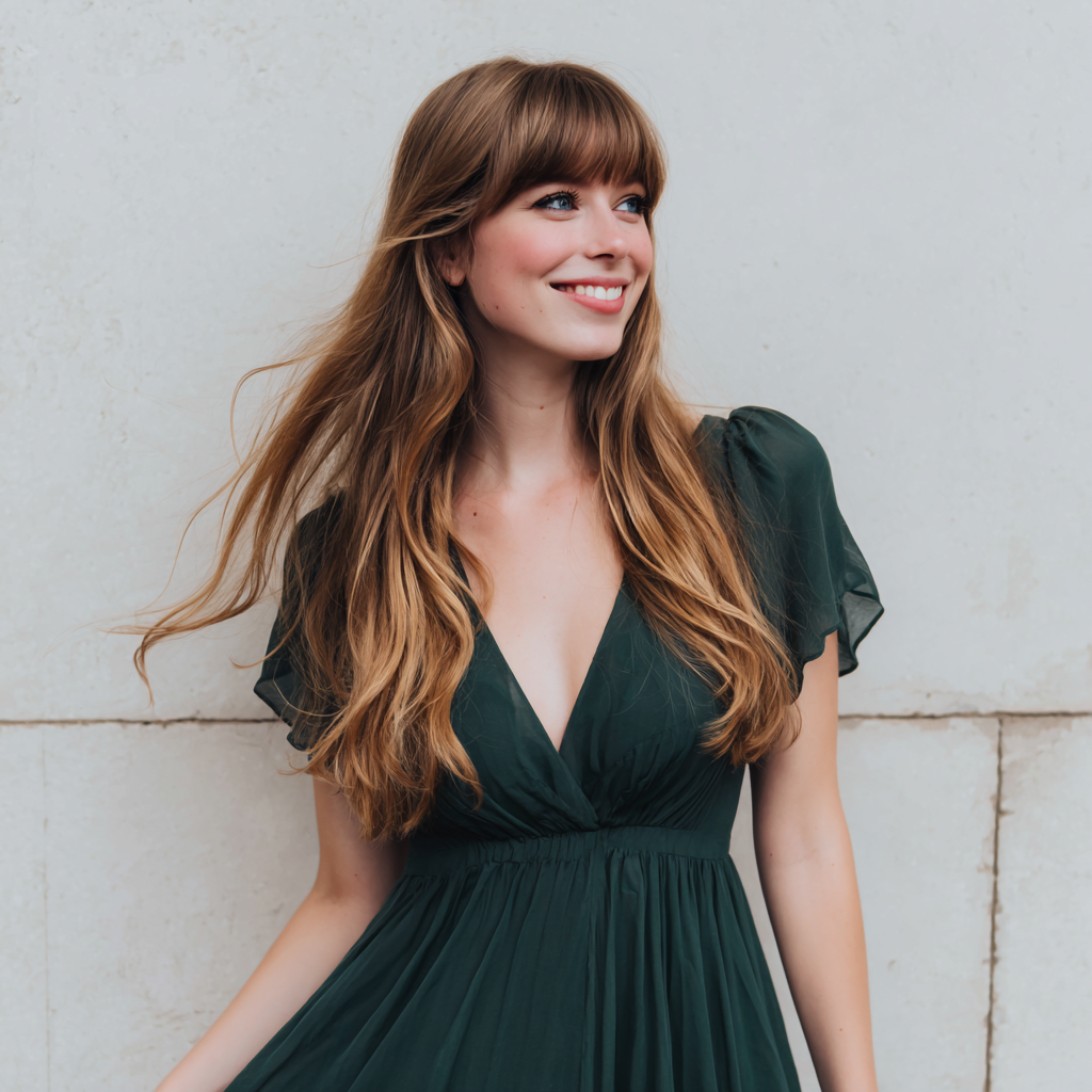 Una mujer sonriente con un vestido verde | Fuente: Midjourney