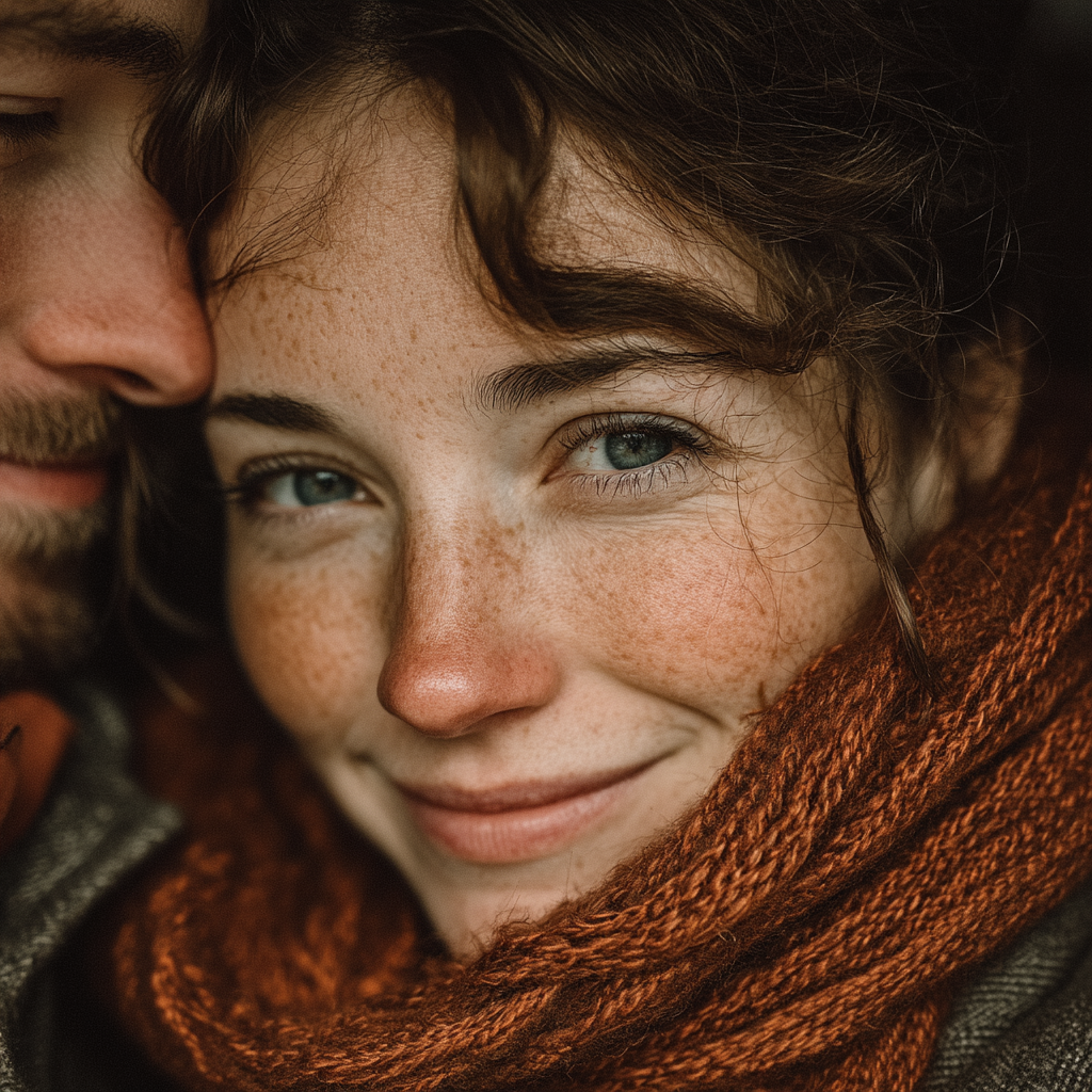 Una mujer acurrucada con un hombre | Fuente: Midjourney