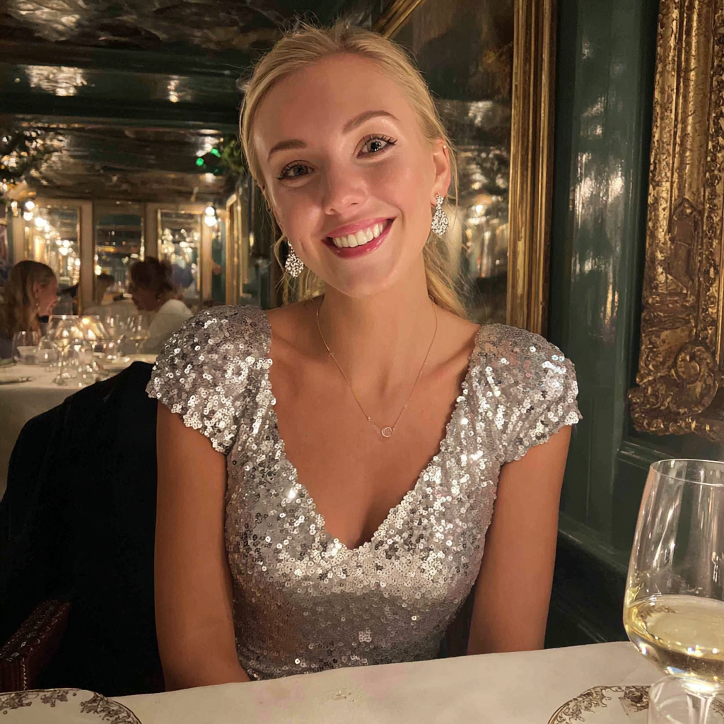 Una mujer sonriente con un vestido de lentejuelas plateadas | Fuente: Midjourney