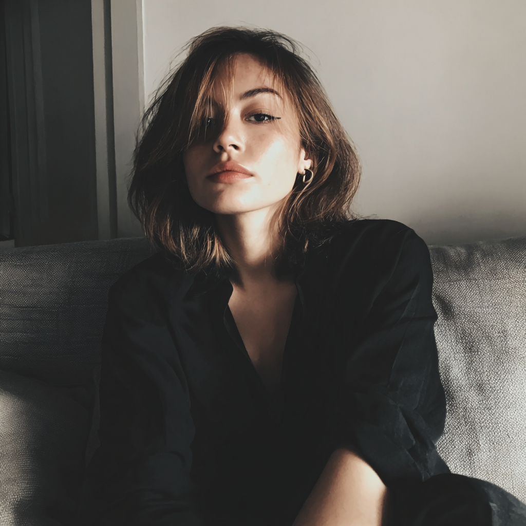 Una mujer joven sentada en un sofá | Fuente: Midjourney