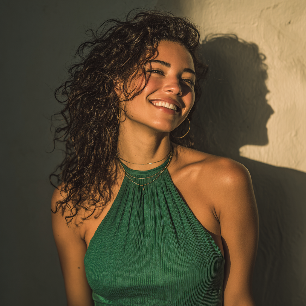 Una mujer feliz con un vestido verde | Fuente: Midjourney